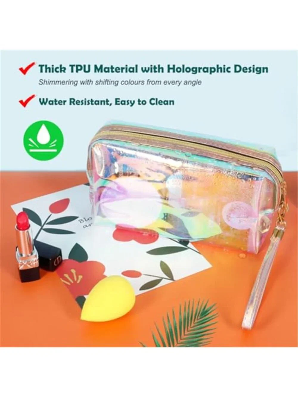 Package Clear Iridescent Holographic Makeup Bag, 2pcs Travel Cosmetic